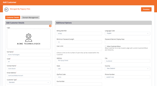 Customer creation interface showing directory linking options