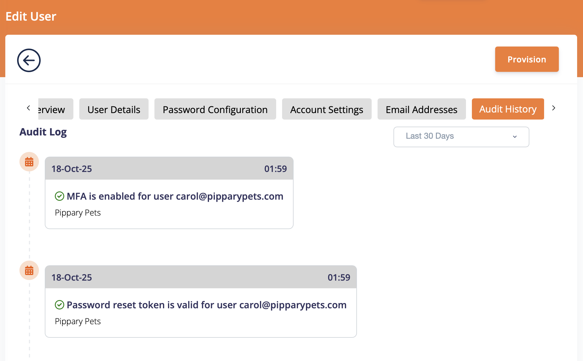 Audit trail for password resets with detailed metadata