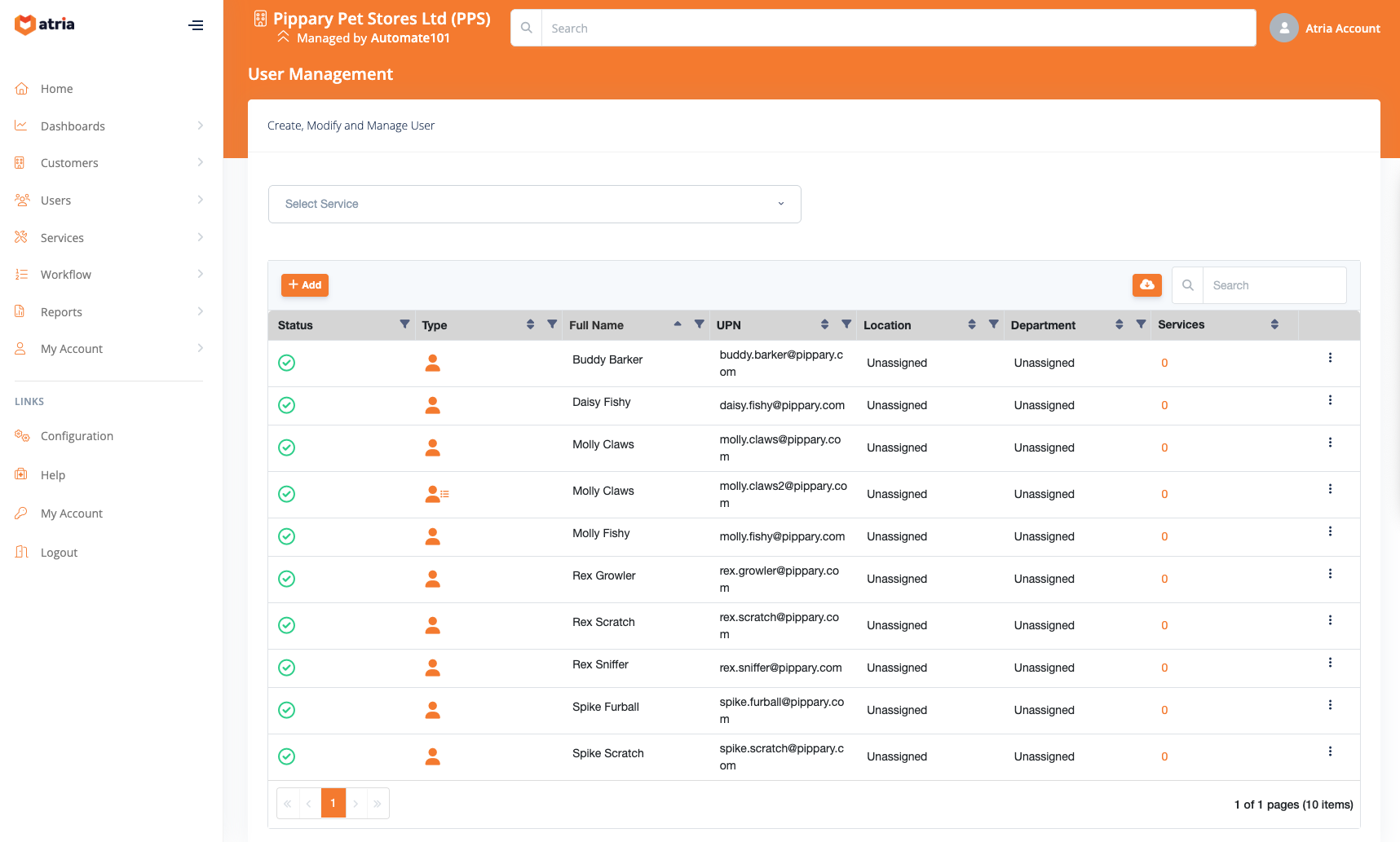 User creation and bulk operations interface