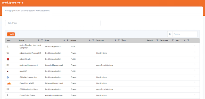 Workspace items catalogue showing assignable resources 